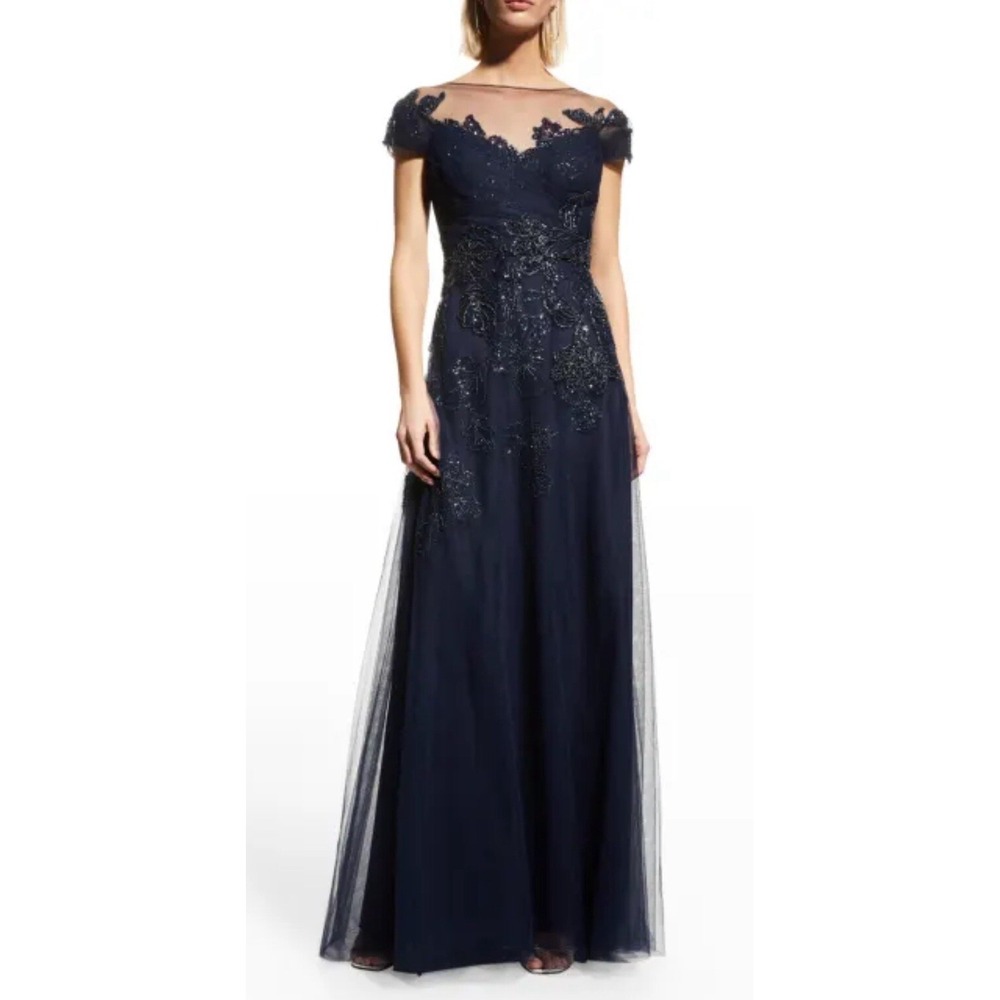 $1140 Rickie Freeman Women Blue Floral Embroidered Gown Dress Size 14. NWT